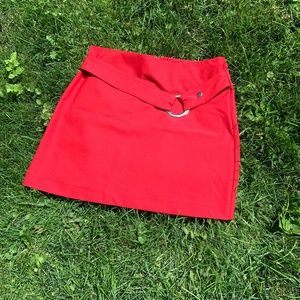 "Cache" red skirt, with faux belt, EUC, 10